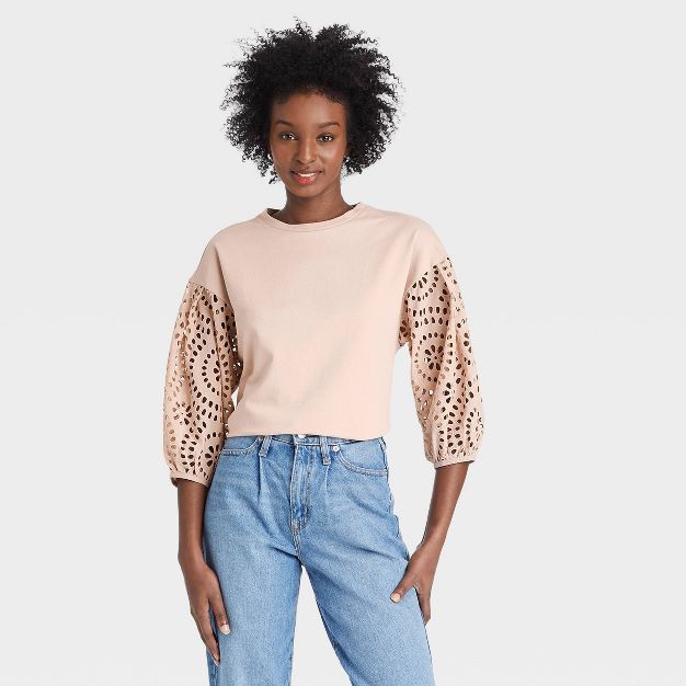 Women's Long Sleeve Round Neck Eyelet Top - A New Day™ | Target