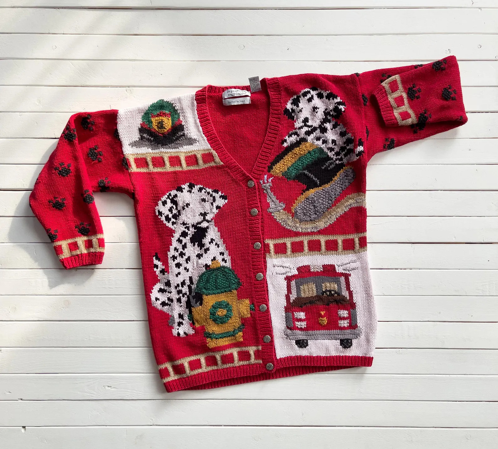 vtg Northern Isles Dalmatian puppy fire truck hand knit cardigan sweater | Etsy (US)