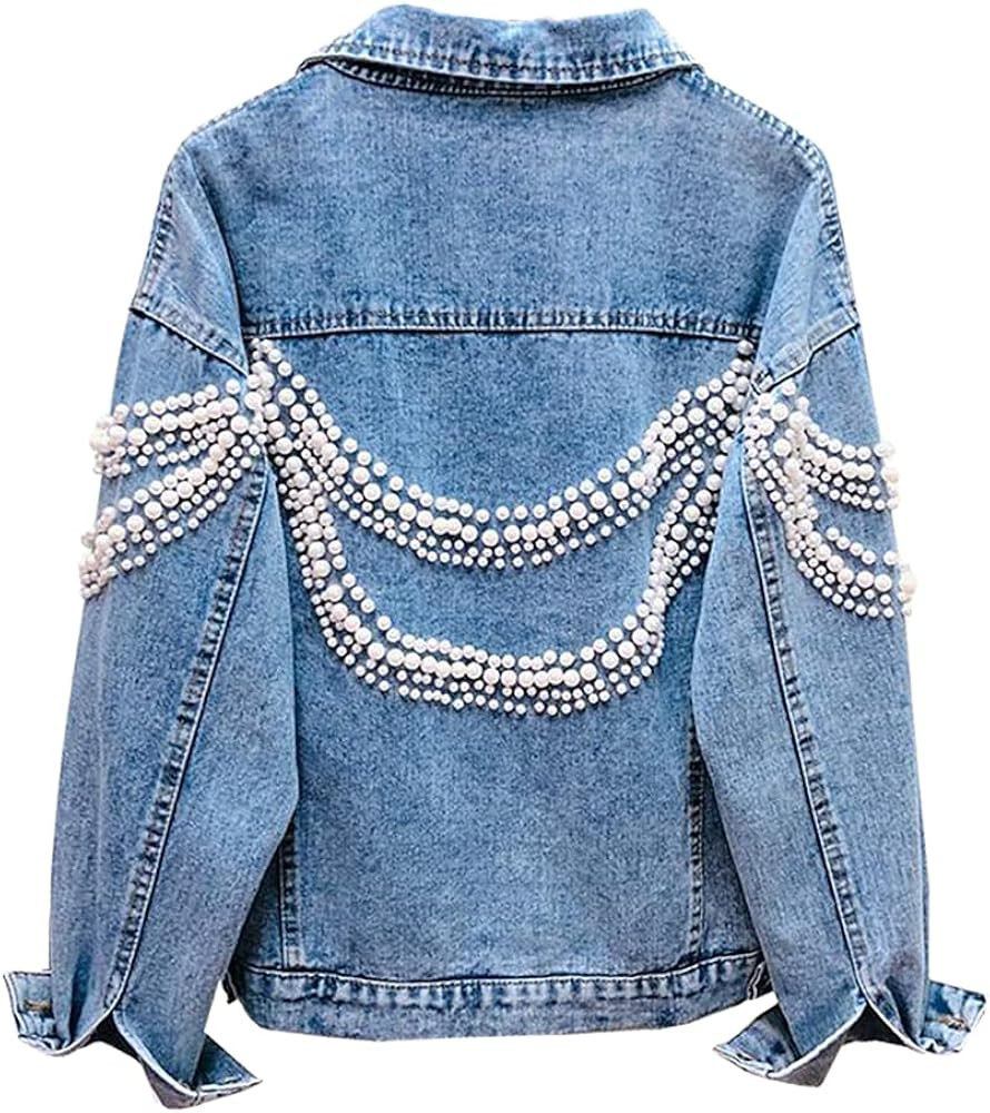 SCOFEEL Women’s Oversized Button Down Long Sleeve Boyfriend Denim Jean Jacket with Embroidered Pearl | Amazon (US)