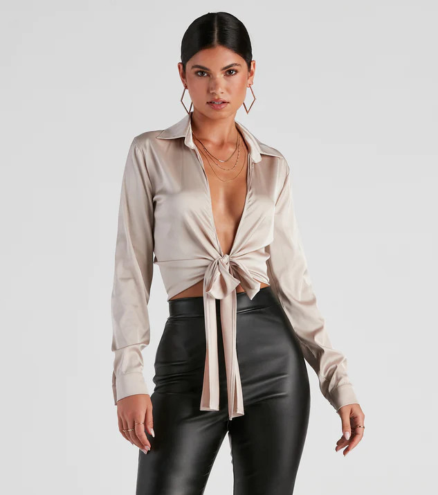 So Sleek Satin Tie-Front Blouse | Windsor Stores