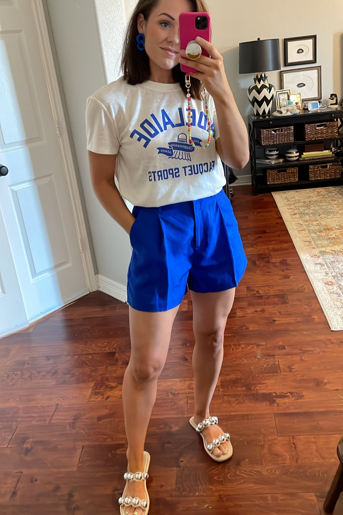 Royal blue linen h&m pleated shorts graphic tee summer outfit sandals Americana Memorial Day outfit Fourth of July outfit

[sandals are old from Target]