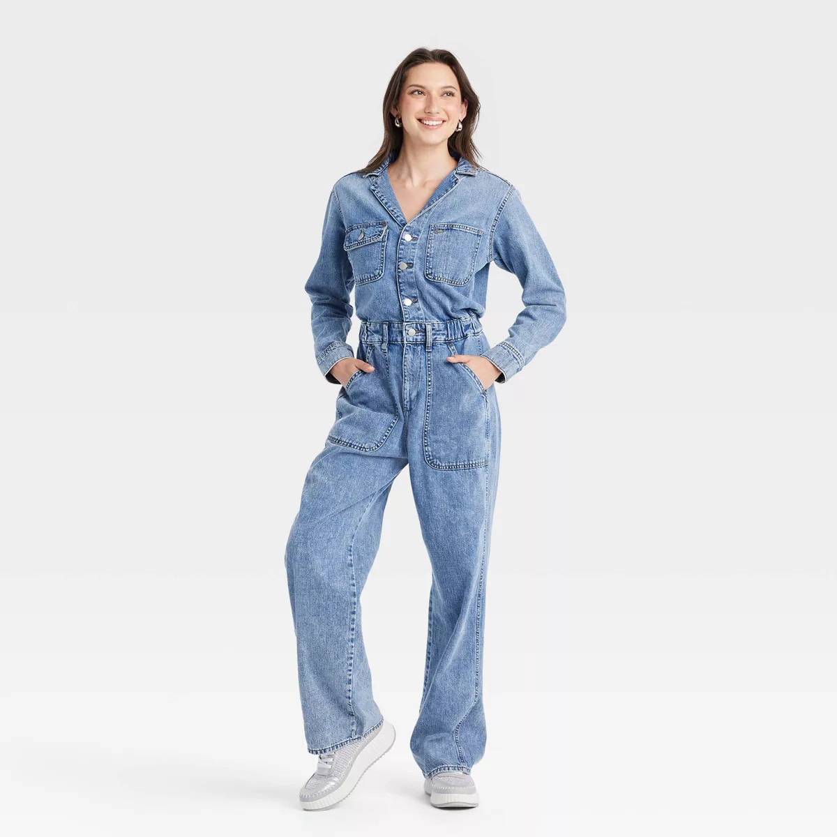 Women's Long Sleeve Utility Baggy Denim Jumpsuit - Universal Thread™ Black 14 | Target
