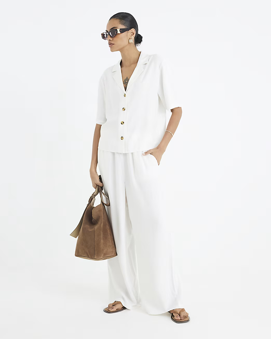 White Linen Blend Wide Leg Trousers | River Island UK & IE