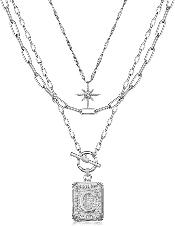 MJartoria Layered Initial Necklaces for Women Trendy, 14K Gold Plated Simple Star Choker Square L... | Amazon (US)