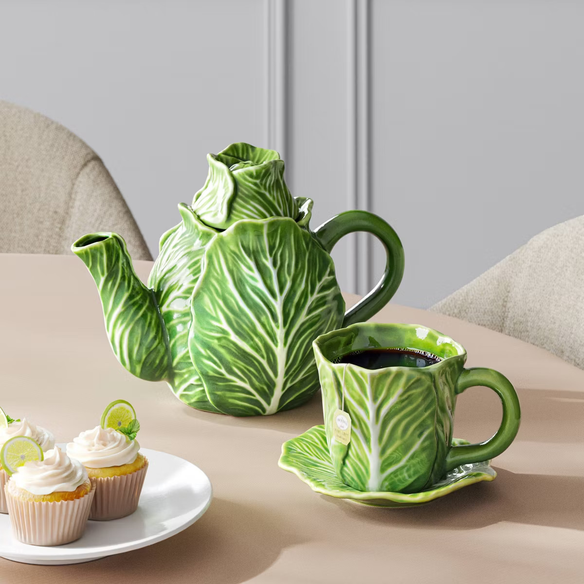 10 fl oz Stoneware Cabbage Figural Easter Tea Cup and Saucer Plate Green - Threshold™ | Target