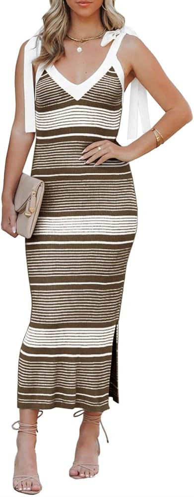 Saodimallsu Womens Summer Midi Bodycon Sweater Dress Sexy V Neck Tie Shoulder Striped Knit Side S... | Amazon (US)