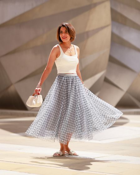 White Cropped Vest Top Gingham Double-Layered Mesh Tulle Midi Skirt in Green White Mini Bag Holidays Outfit Everyday Outfit Casual Weekend Outfit 

#LTKeurope #LTKtravel #LTKstyletip