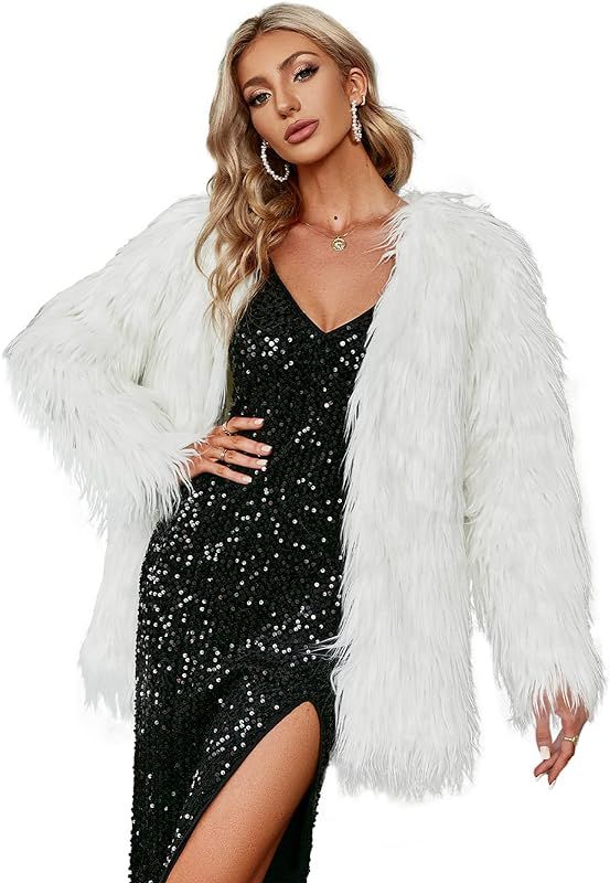 Simplee Apparel Women's Long Sleeve Fluffy Faux Fur Warm Coat | Amazon (US)