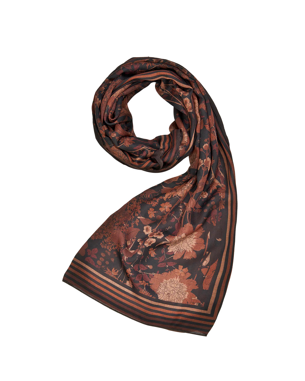 Deco Blooms Brown Stripe Border Midweight Scarf | Fable England