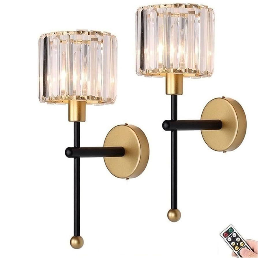 Modern Glass Crystal Wall Sconces Battery Operated Set of 2, Gold Rechargeable Wall Lights with R... | Amazon (US)