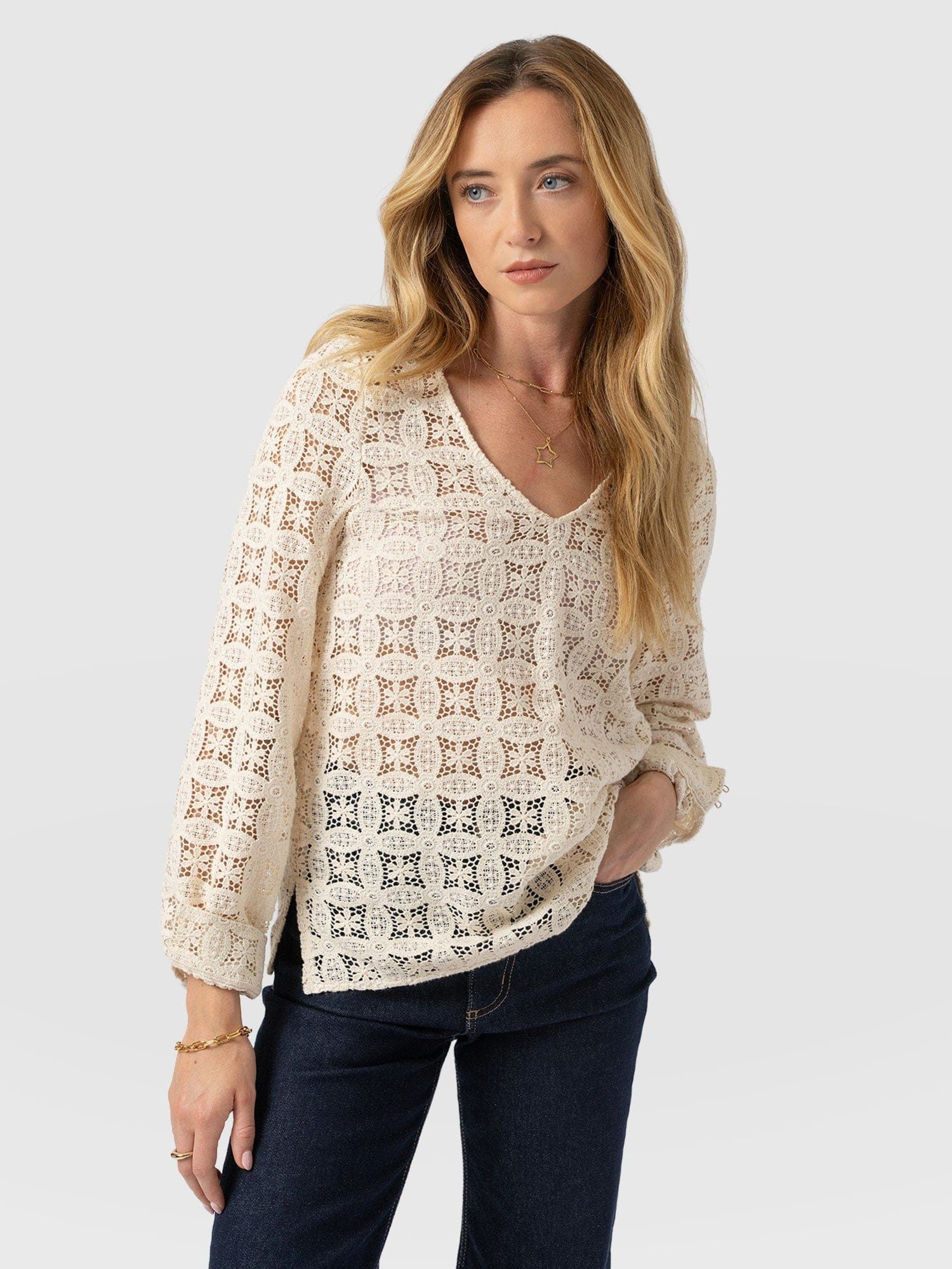 Ottilie V Neck Blouse - Cream Broderie | Saint + Sofia