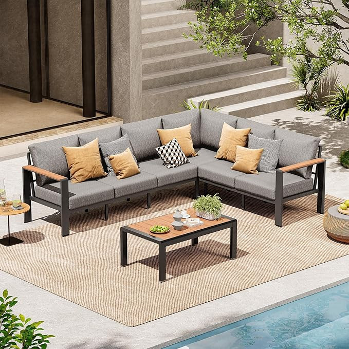 Aluminum Outdoor Patio Furniture Set 6 Seats, Outdoor Sectional Corner Sofa with Thick Waterproof... | Amazon (US)