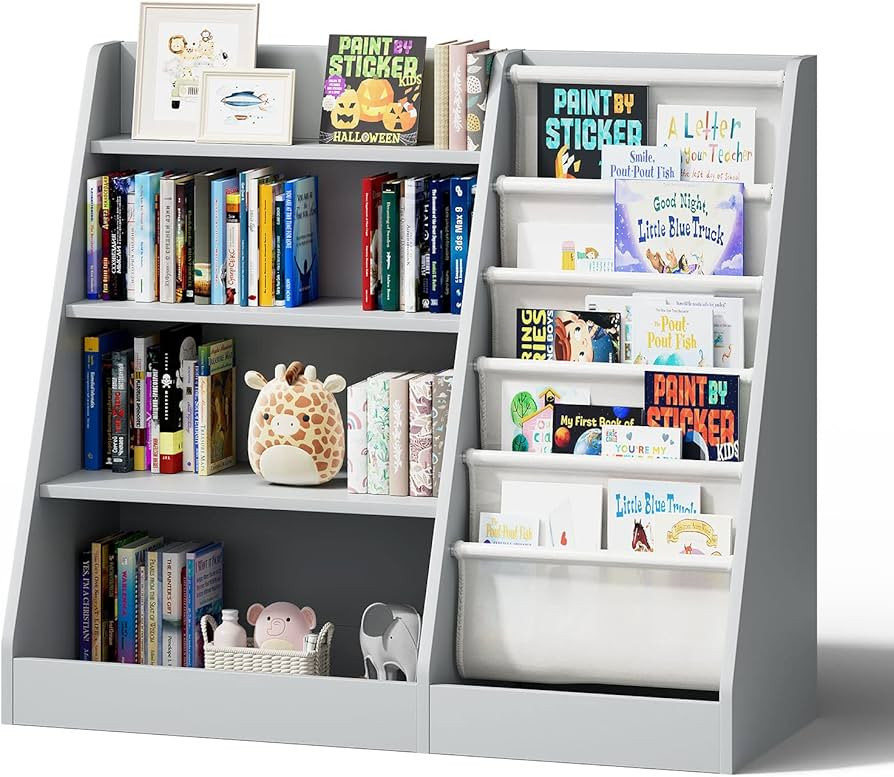 Gray 4 Tier Kids Wooden Bookshelf, Five Layer Sling Bookcase, Baby Storage Book Rack, Book and To... | Amazon (US)