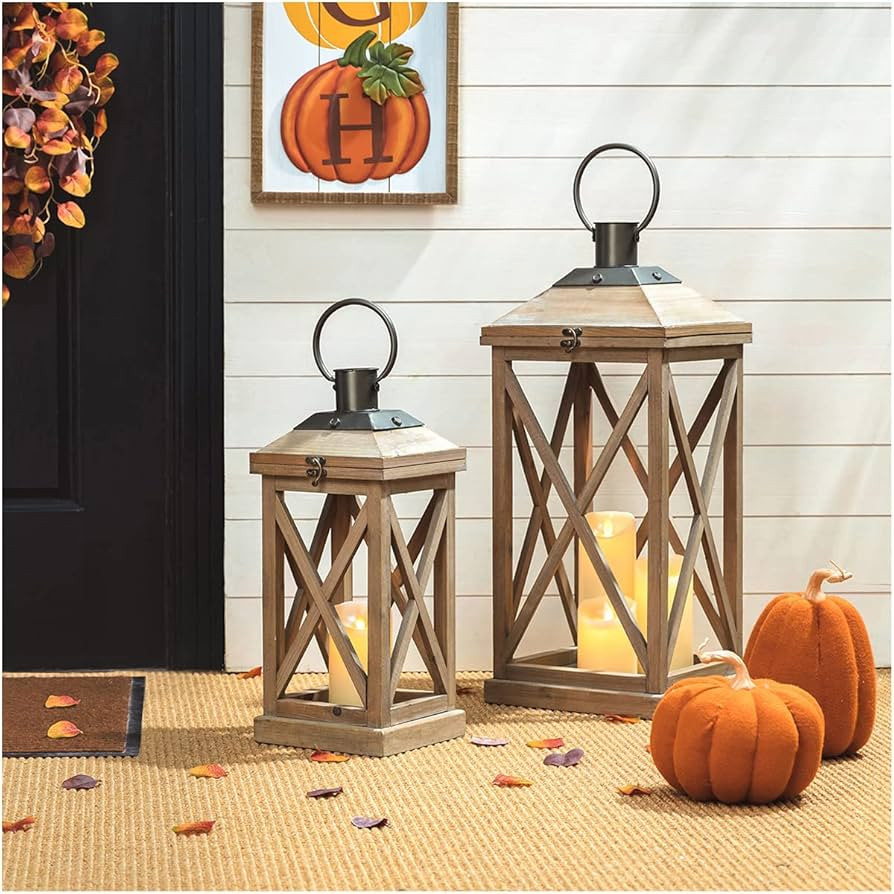 Glitzhome Set of 2 Mondern Farmhouse Wood Metal Decorative Lanterns Hanging Candle Lanterns,Natur... | Amazon (US)