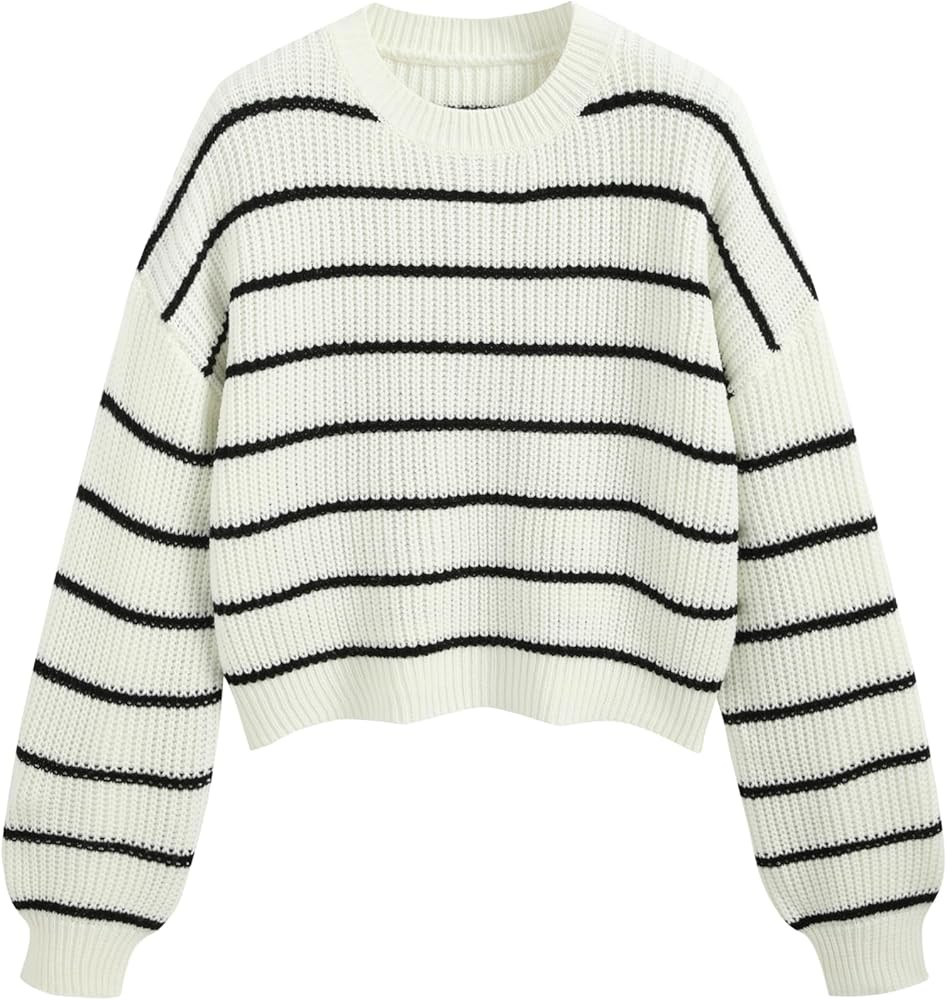 CIDER Women’s Cropped Striped Sweater Long Sleeve Crew Neck Trendy Pullover Tops | Amazon (US)