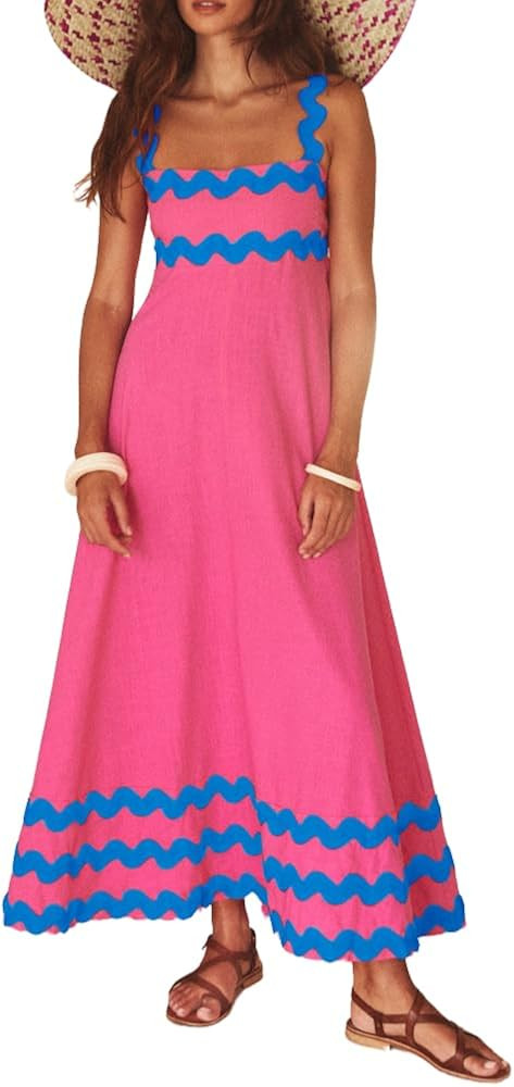 Women's Rickrack Trim Spaghetti Strap Square Neck Tank Maxi Dress Sleeveless Long Beach A-Line Su... | Amazon (US)