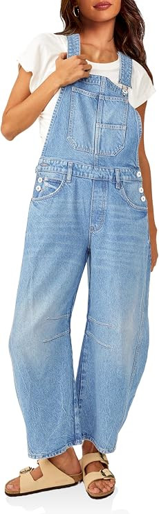 Womens Denim Bib Overalls Barrel Leg Adjustable Strap Jean Pants Jumpsuits with Pockets | Amazon (US)