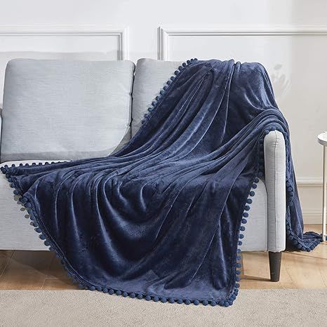 BEAUTEX Fleece Throw Blanket with Pompom Fringe, Navyblue Flannel Blankets and Throws for Couch, ... | Amazon (US)