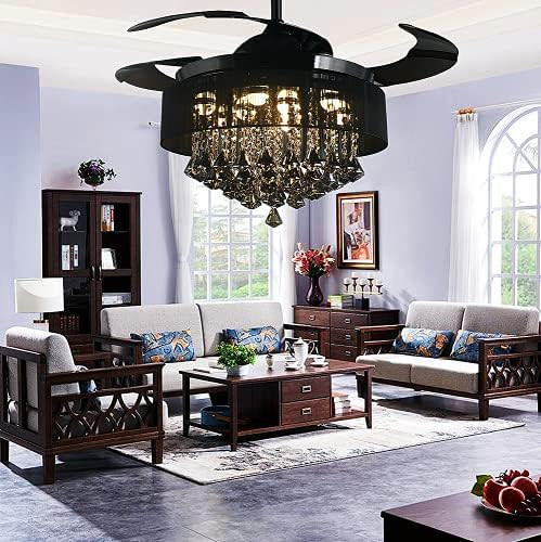 AFANQI 42"Crystal Ceiling Fan Chandelier Invisible Retractable Fan Blade, Remote Control Adjustab... | Amazon (US)