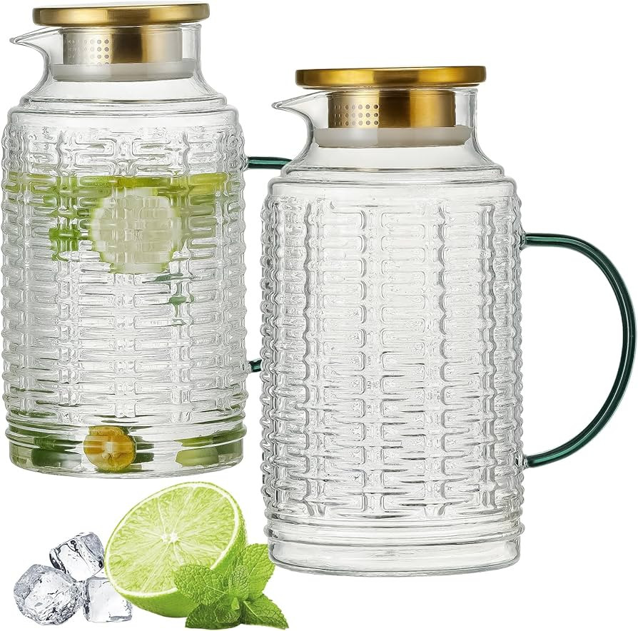 Glass Pitcher with Lid, 2 PACK 68 oz/2 Liter Vintage Water Pitcher, Clear Borosilicate Glass Wate... | Amazon (US)