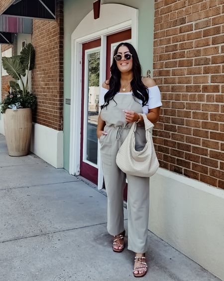 Spring outfit, neutral spring break outfitLulus Olive green linen overalls jumpsuit, woven knotted hobo bag Melie Bianco. 

#LTKmidsize #LTKstyletip #LTKitbag