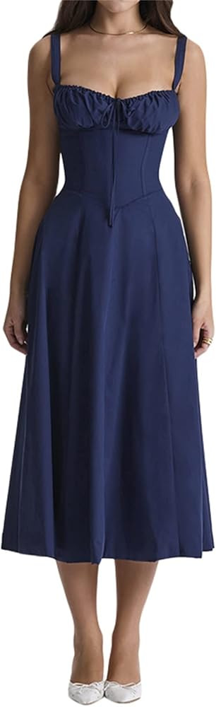 Women Y2k Square Neck Long Dress Low Cut Sleeveless Midi Dress Bustier Lace Trim Spaghetti Strap ... | Amazon (US)