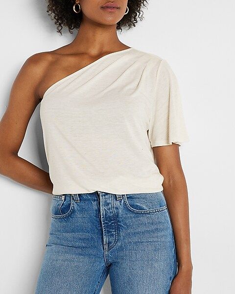 Skimming Linen-Blend Pleated One Shoulder Tee | Express