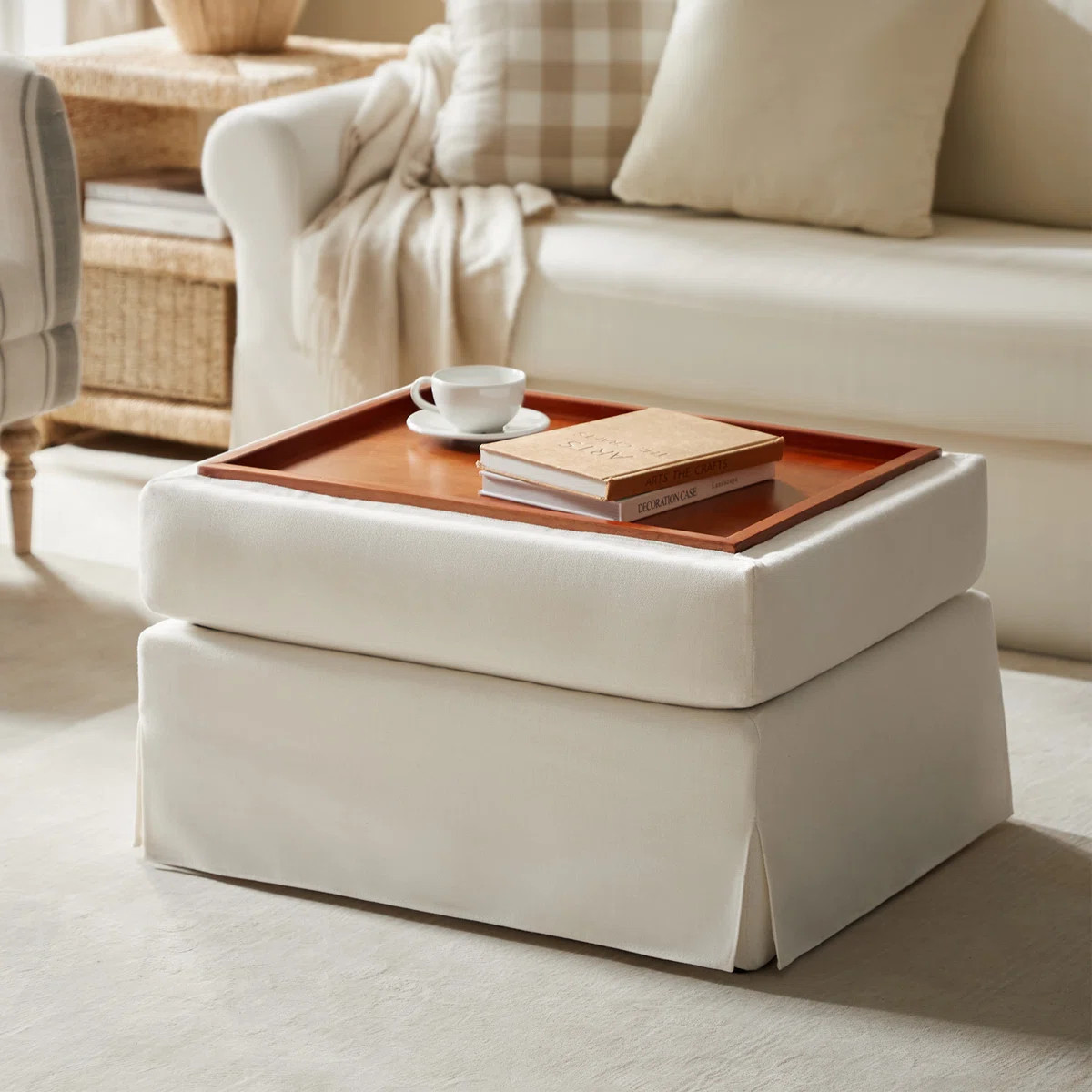 Lessman Farmhouse 30'' W Upholstered Slipcover Ottoman with Storage and Flip-Top Tray | Wayfair North America