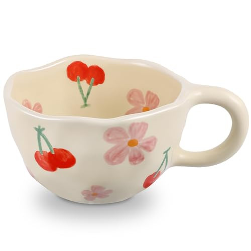 NAYAHOSE Ceramic Coffee Mug, Creative Cute Coffee Mugs Handheld Irregular Aesthetic Flower Ceramic Mug for Women Latte Tea Milk Oats Cup Breakfast Cups，8.5 oz/250 ml (Red Cherry) | Amazon (US)