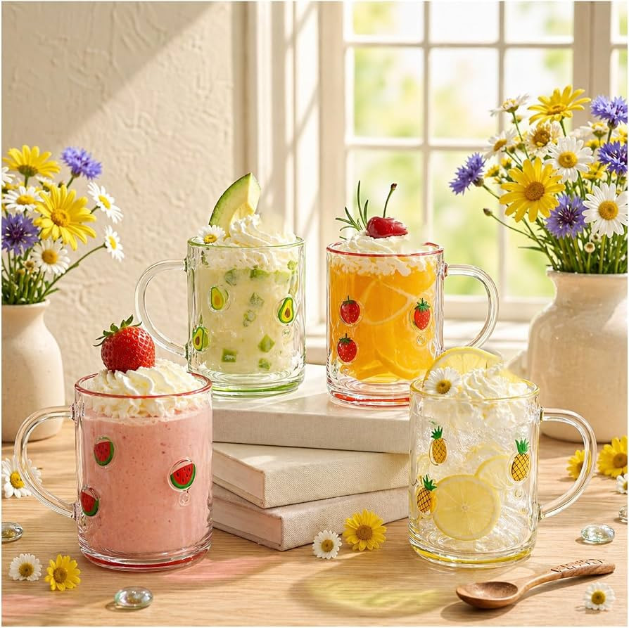 4PCS Icon Juice Glasses,16OZ Fruit icon glass cups with handle and strawberry, watermelon, pineap... | Amazon (US)