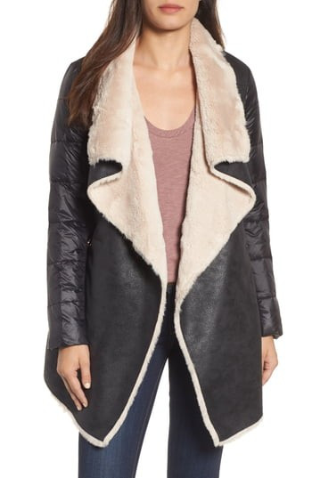 Women's Bcbgeneration Mixed Media Faux Shearling Puffer Jacket, Size Medium - Black | Nordstrom