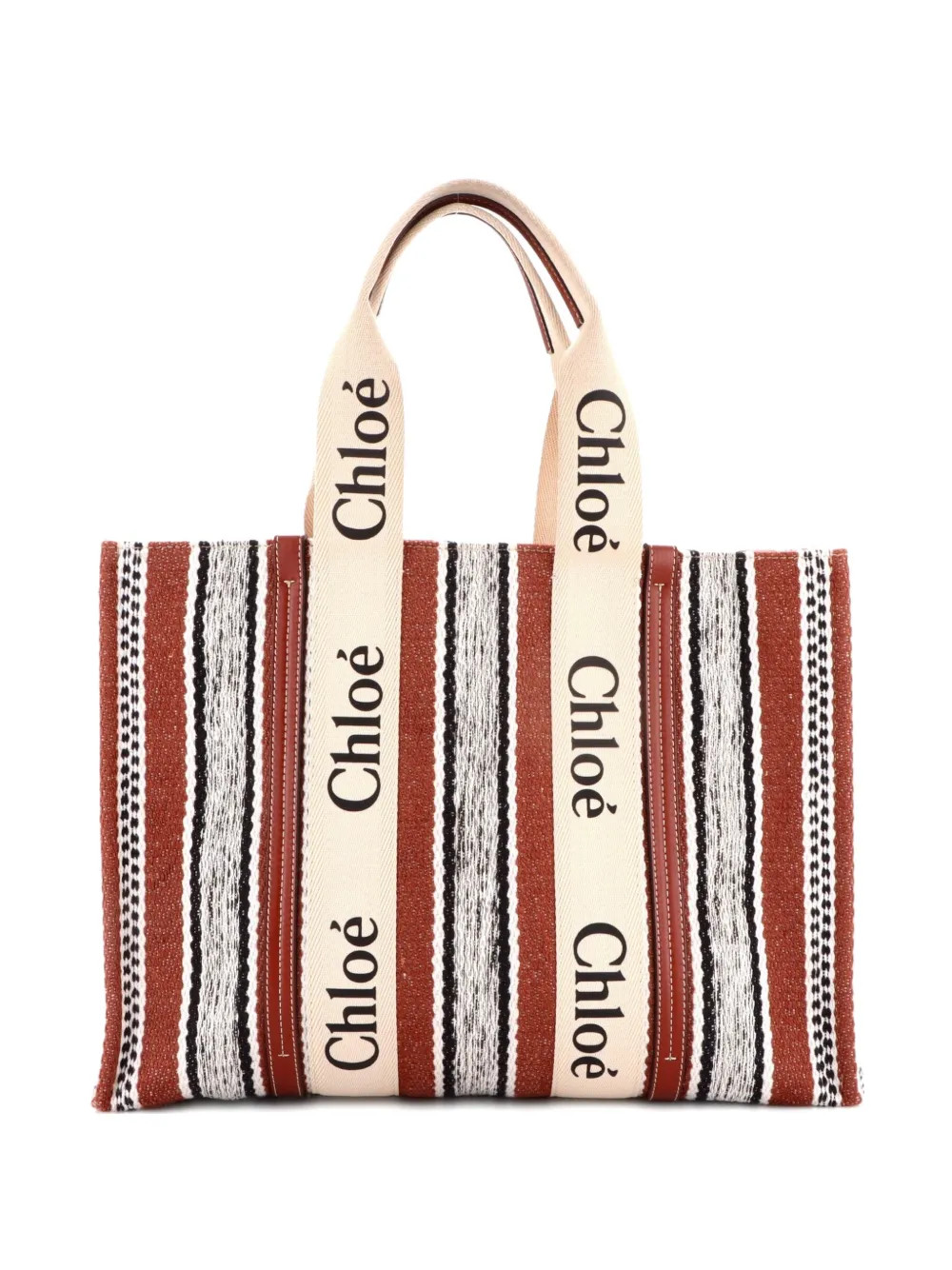 Chloé Pre-Owned Woody Striped Linen Large Tote Bag | Neutrals | FARFETCH | Farfetch Global
