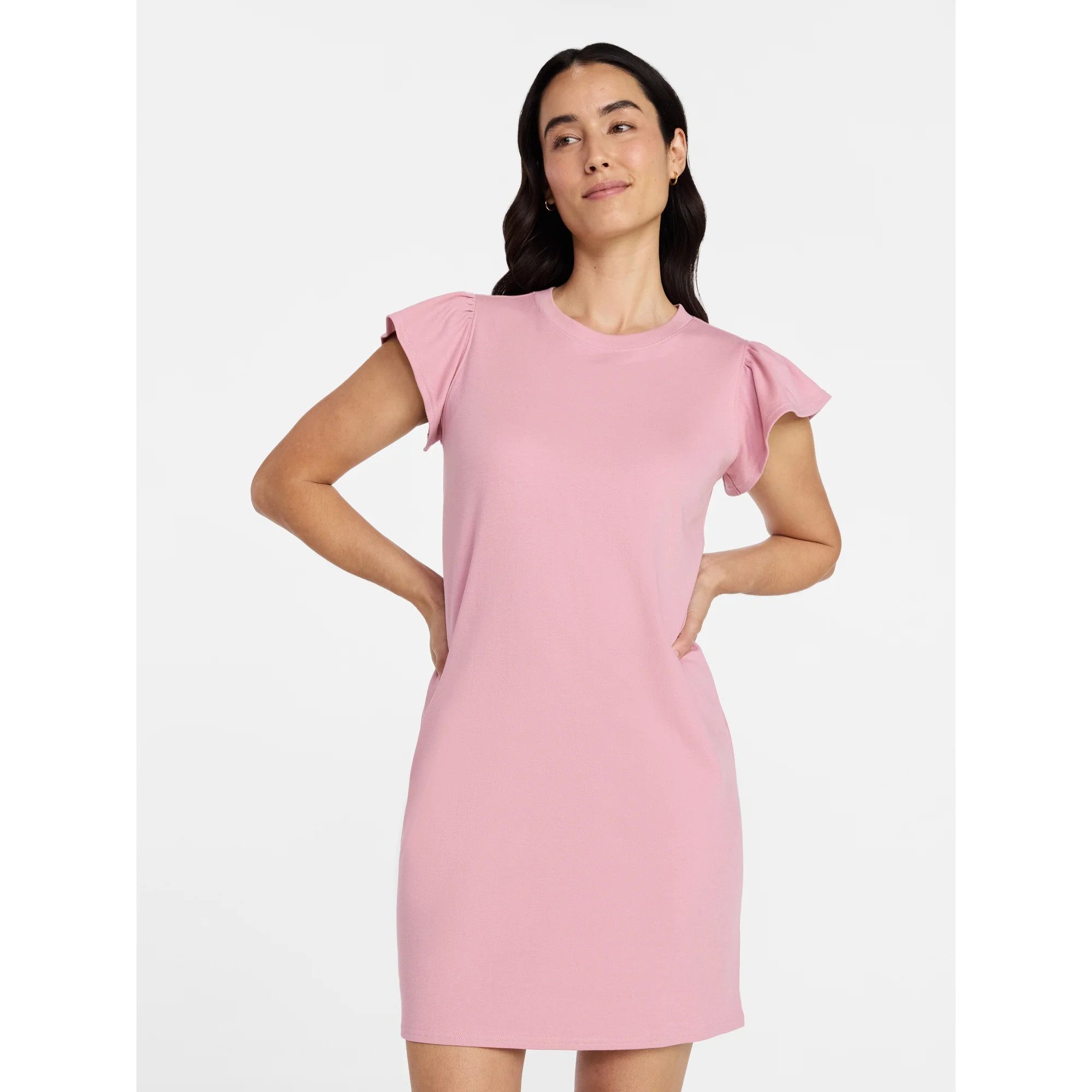 Time and Tru Women's Cotton T-Shirt Mini Dress with Flutter Sleeves, Sizes XS-XXXL | Walmart (US)