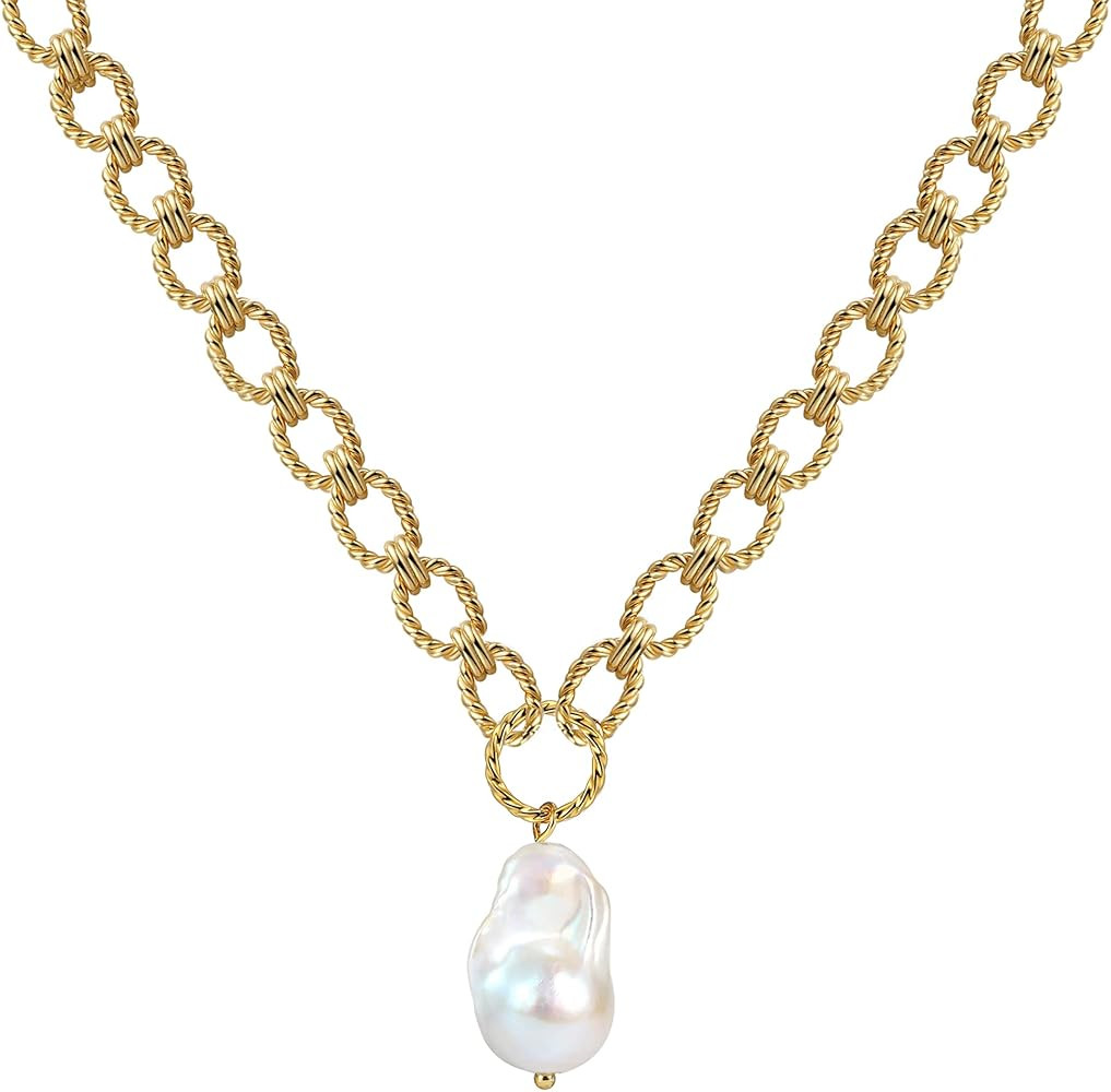 Natural Baroque Pears Pendant Necklace Gold Chain Necklace with Pearl Charm Pearls Satellite Chok... | Amazon (US)