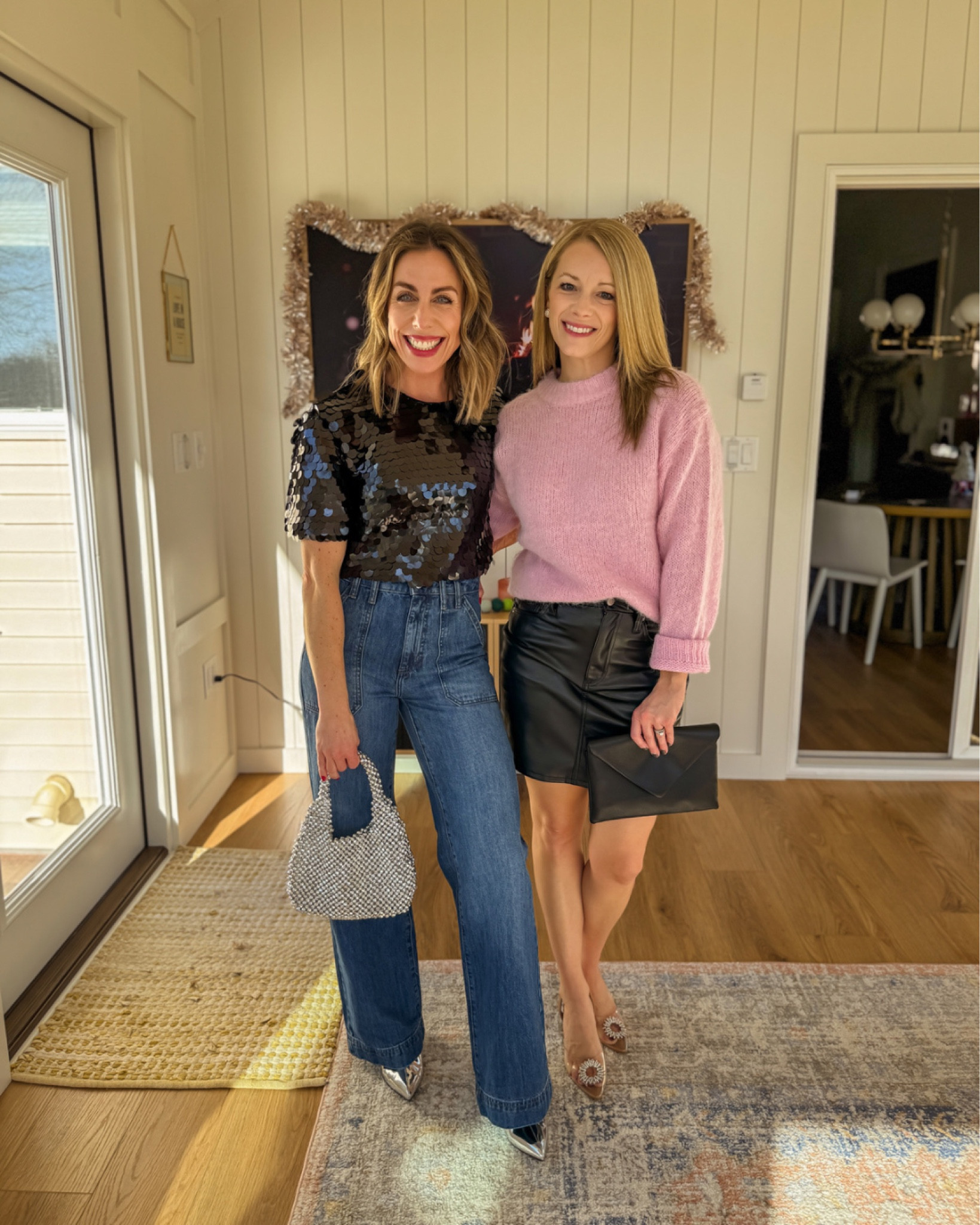 Katie:
Top: xs
Jeans: 00 regular 
Booties: 6 (fit TTS) 
.
Melissa: 
Sweater: small
Skirt: 2
Heels: 6.5 (fits TTS)

#LTKSeasonal #LTKsalealert #LTKGiftGuide