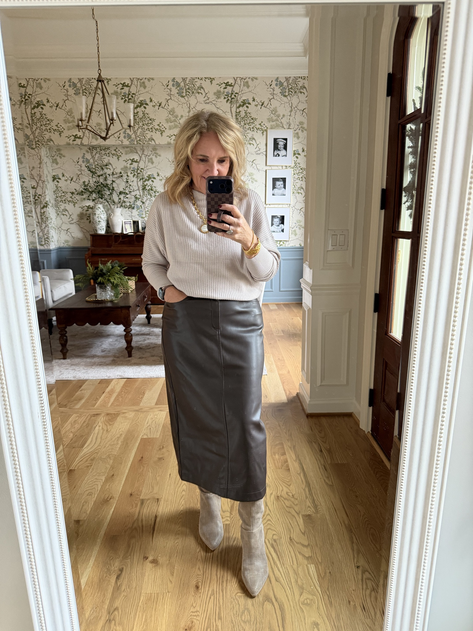 Nordstrom rack scores size medium 
Boots size up 1/2 
Faux leather skirt work outfit 

#LTKFindsUnder50 #LTKSeasonal #LTKOver40