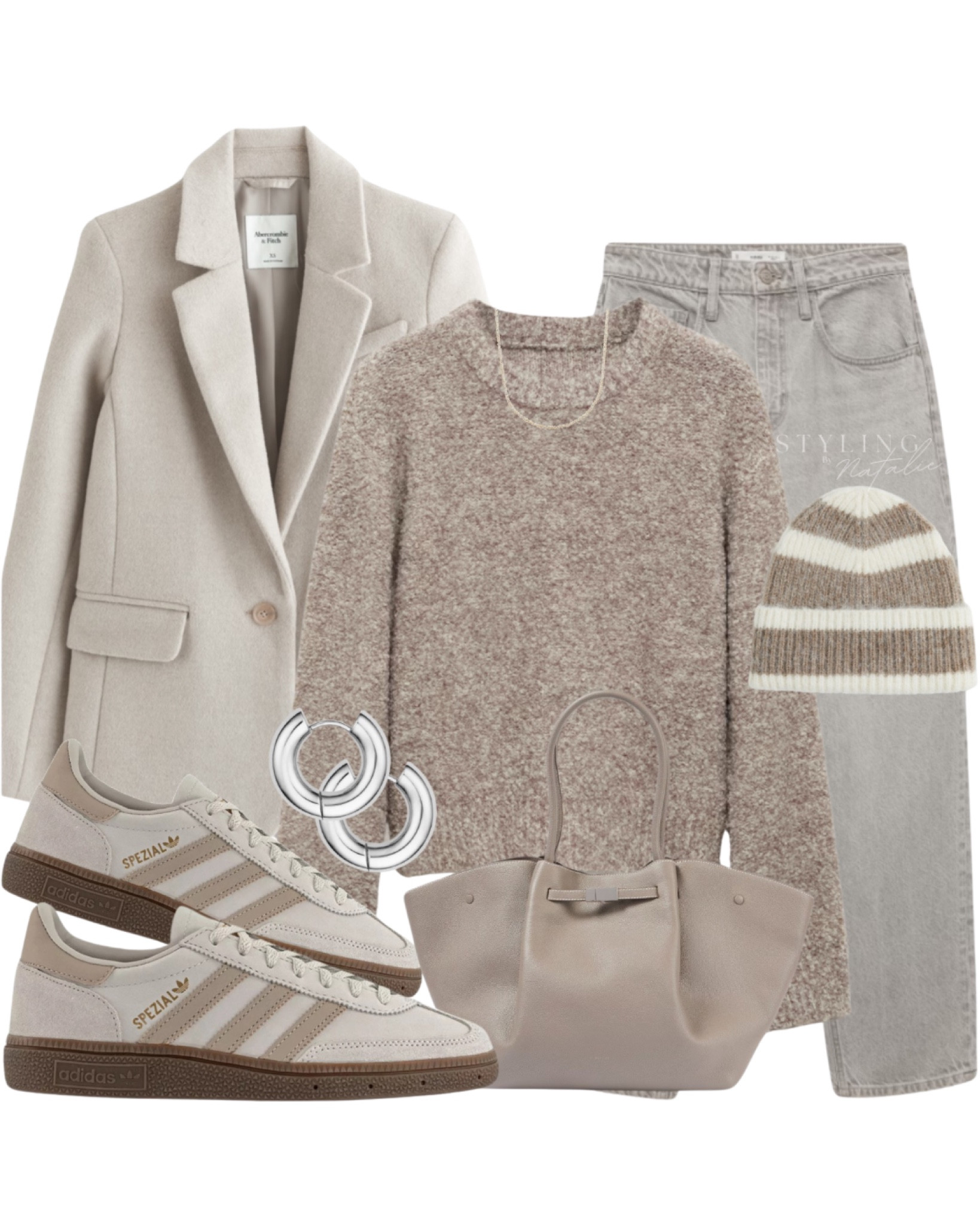 Styling Adidas Spezials
Wool blazer, boucle knit jumper, greige jeans, Adidas Spezial trainers, stripe beanie hat, Demellier tote bag, silver hoop earrings & pearl necklace.
🏷️ Autumn winter outfit, workwear, beige outfit, casual outfit, everyday outfit.

#LTKshoes #LTKstyletip #LTKworkwear