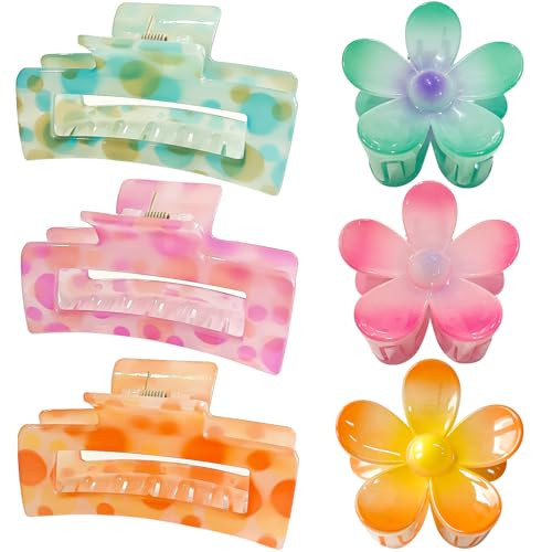 Hair Claw Clips for Thick/Thin Hair Claws 6PCS,3.34" Nonslip Big Cute Hair Clips Square Claw Clips,2.36" Medium Flower Hair Clips for Women/Girls,Hair Styling Accessories Gifts (X-spot) | Amazon (US)
