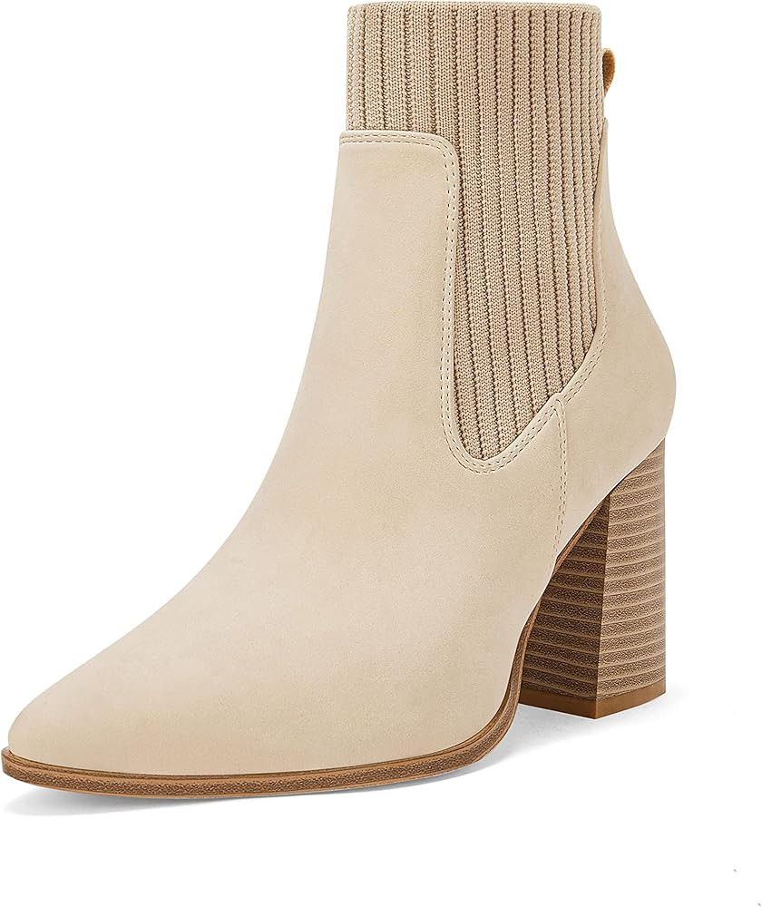 Womens Pointed Toe Ankle Booties Elastic Chunky Block High Heel Comfortable Chelsea Boots Shoes | Amazon (US)
