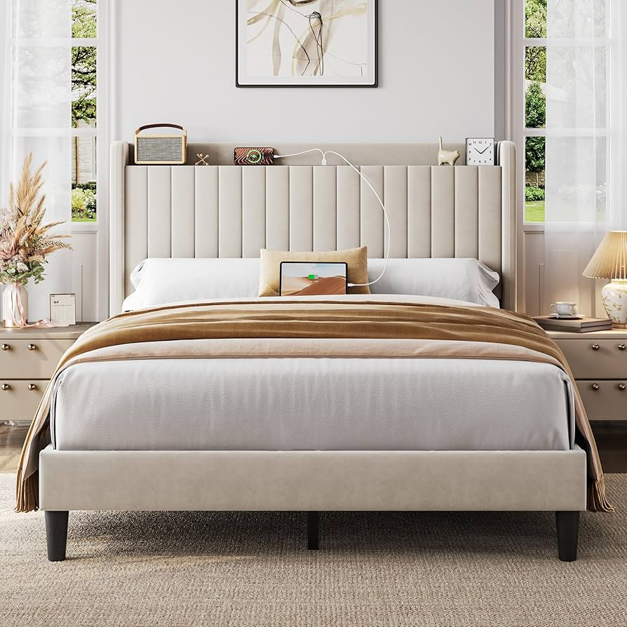 Amazon.com: Yaheetech Queen Bed Frame with Headboard, Upholstered Headboard with Charing Station ... | Amazon (US)