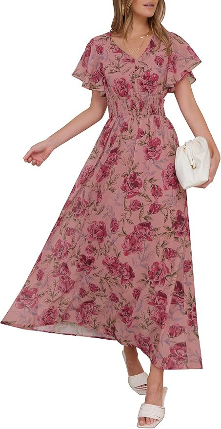 ANRABESS Womens Summer Floral Maxi Dress Casual V Neck Short Sleeve Chiffon Boho Flowy Beach 2025... | Amazon (US)