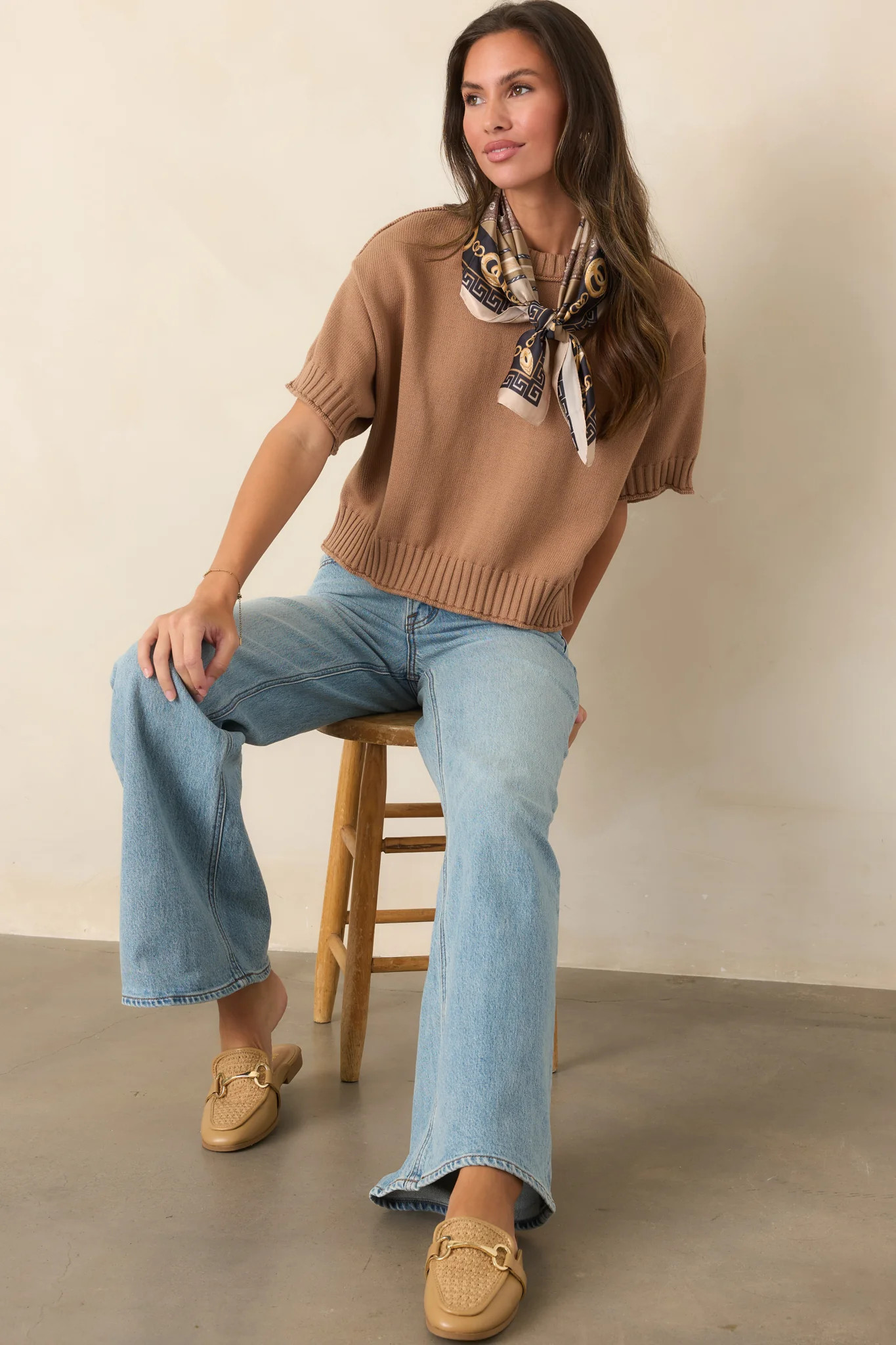 Right at Home Camel Cotton Short Sleeve Rib Trim Sweater | Red Dress