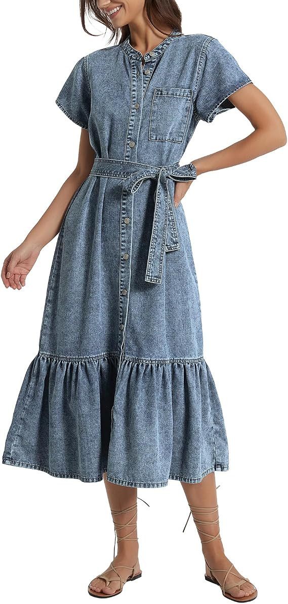 Kedera Summer Button Down Denim Shirt Dresses for Women Maxi Ruffle Short Sleeve Flowy Tiered Bea... | Amazon (US)