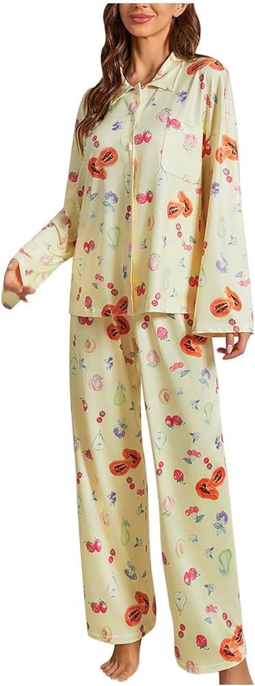 QIGUANDZ Funny Fruits Pajama Sets for Womens Loose Button Down Long Sleeve Shirts and Pants Set S... | Amazon (US)
