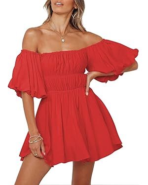 Dokotoo Womens Off Shoulder Summer Dresses Short Lantern Sleeve Ruffle Elastic Waist A-Line Casua... | Amazon (US)