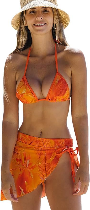 SheIn Women's Tie Side Bottom Halter Triangle Bikini 3 Piece Swimsuits with Beach Skirt | Amazon (US)