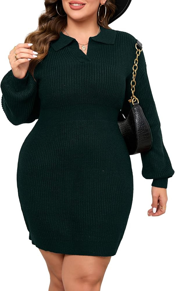 ShopWonder Women Plus Size V-neck Long Sleeve Knit Stretchable Elasticity Slim Sweater Bodycon Mi... | Amazon (US)