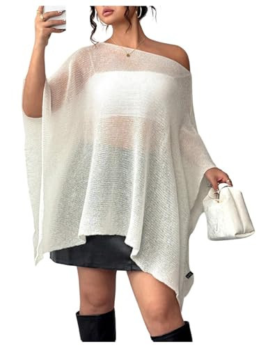 Floerns Women's Plus Size Sheer Poncho Top Long Sleeve Crochet Knitted Off The Shoulder Cover Up Tops White Large Plus | Amazon (US)
