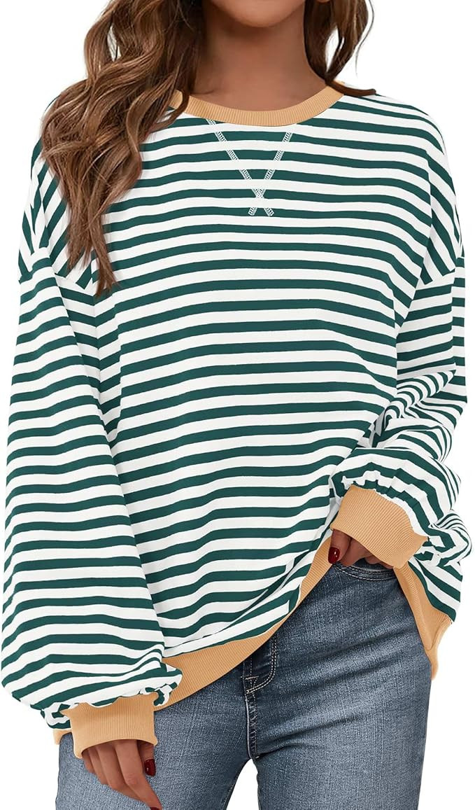 Amazon.com: BTFBM Sweatshirt For Women 2026 Summer Crewneck Long Sleeve Oversized Striped Pullove... | Amazon (US)
