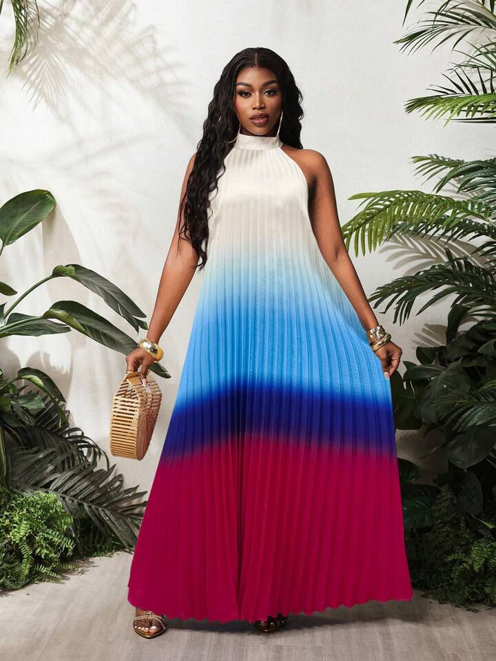 BamGleam Women's Stand Collar Sleeveless Ombre Pleated Casual Dress,Vacation Outfits Woman, Beach Outfits For Woman,Summer Dress,Boho,Hawaiian Clothes For Women | SHEIN
